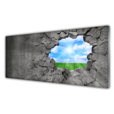 Glass Wall Art Hole grass sky art grey blue green