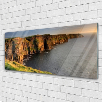 Glass Wall Art Rock sea landscape brown grey