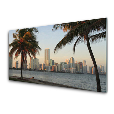 Glass Wall Art City palm trees houses brown green grey