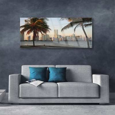 Glass Wall Art City palm trees houses brown green grey