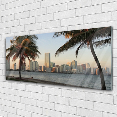 Glass Wall Art City palm trees houses brown green grey