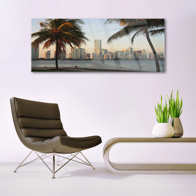 Glass Wall Art City palm trees houses brown green grey