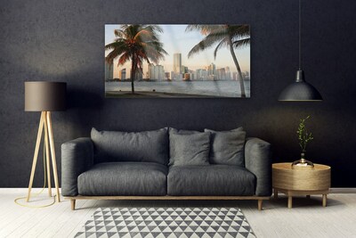 Glass Wall Art City palm trees houses brown green grey