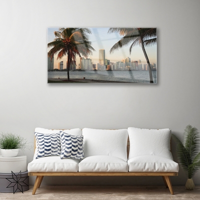 Glass Wall Art City palm trees houses brown green grey