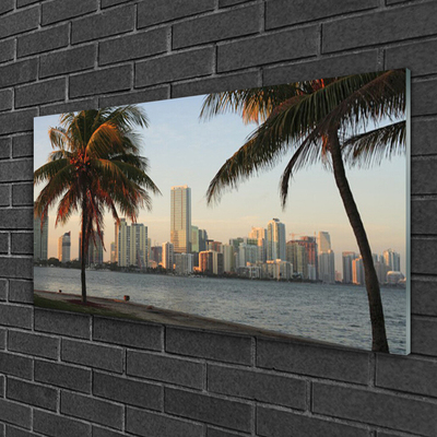 Glass Wall Art City palm trees houses brown green grey