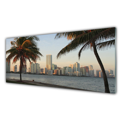 Glass Wall Art City palm trees houses brown green grey