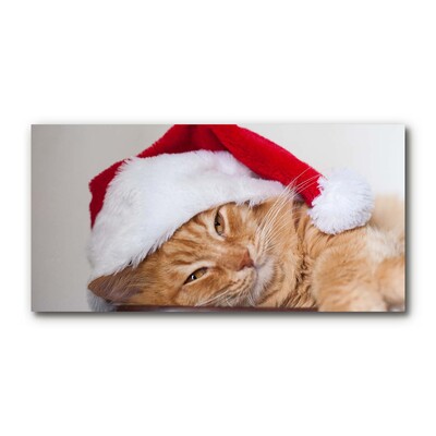 Glass Wall Art Cat Santa Hat Christmas