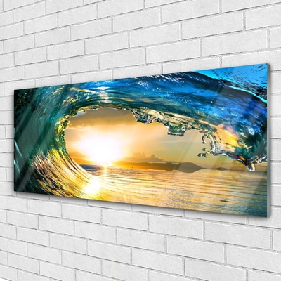 Acrylic Print Wave sea sunset nature blue yellow