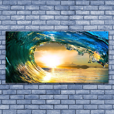 Acrylic Print Wave sea sunset nature blue yellow