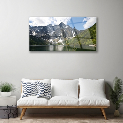 Acrylic Print Mountain lake forest landscape green blue white grey