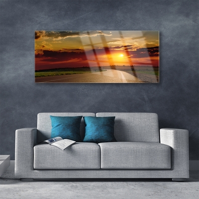 Acrylic Print Sunset road landscape grey red orange