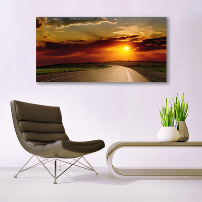 Acrylic Print Sunset road landscape grey red orange