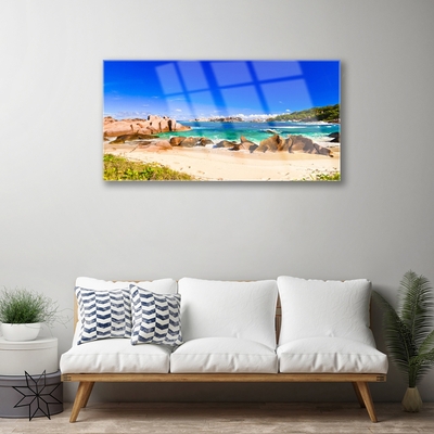 Acrylic Print Rocky beach sea landscape blue yellow green