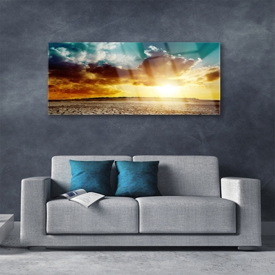 Acrylic Print Sun clouds desert landscape blue grey yellow orange