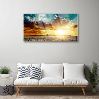 Acrylic Print Sun clouds desert landscape blue grey yellow orange