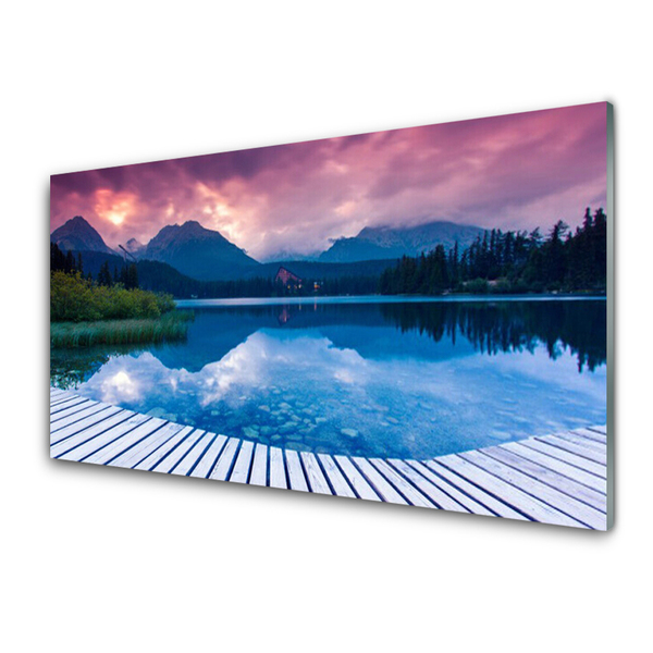 Acrylic Print Mountain lake landscape pink blue green