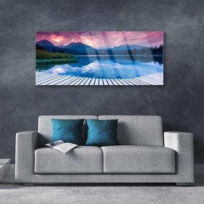 Acrylic Print Mountain lake landscape pink blue green