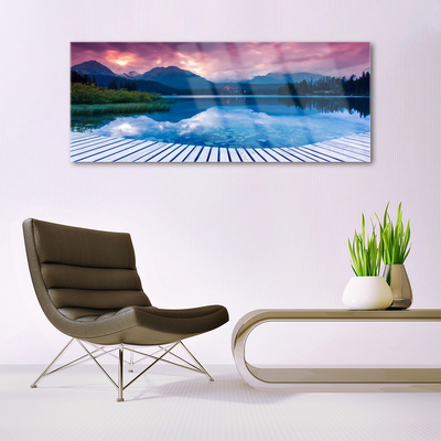 Acrylic Print Mountain lake landscape pink blue green