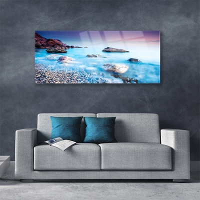 Acrylic Print Sea stones beach landscape blue grey pink
