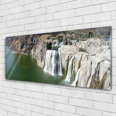 Acrylic Print Mountains waterfall lake landscape grey green
