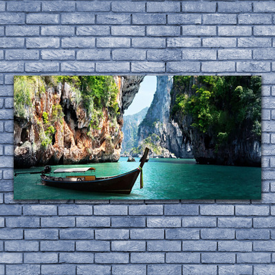 Acrylic Print Boat lake rocks landscape blue brown green