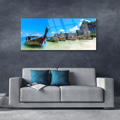 Acrylic Print Boats sea beach landscape blue grey
