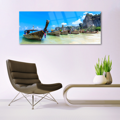 Acrylic Print Boats sea beach landscape blue grey