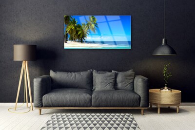 Acrylic Print Palm trees beach sea landscape white green blue