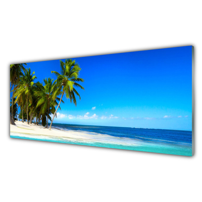 Acrylic Print Palm trees beach sea landscape white green blue