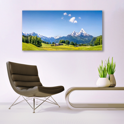 Acrylic Print Fields trees mountains landscape green grey white blue