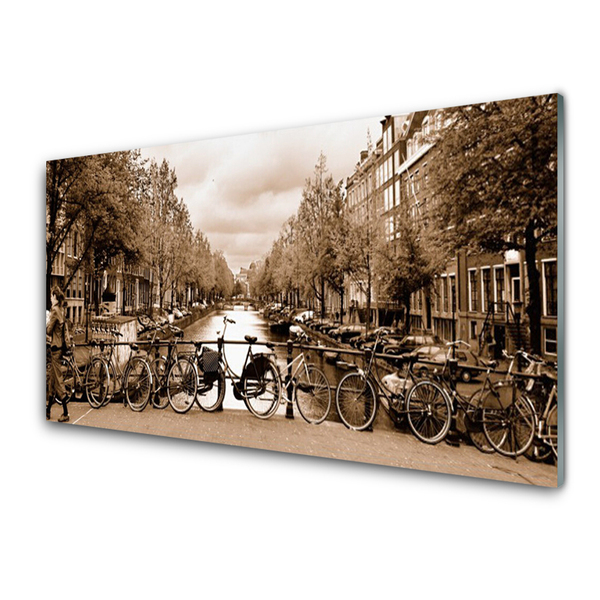 Acrylic Print River bicycles trees landscape green grey