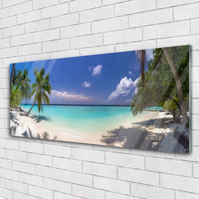 Acrylic Print Sea beach palm trees landscape white blue green brown