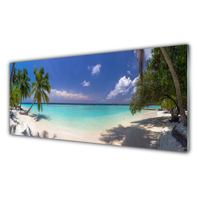 Acrylic Print Sea beach palm trees landscape white blue green brown