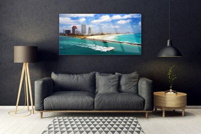 Acrylic Print Sea beach town landscape blue brown grey