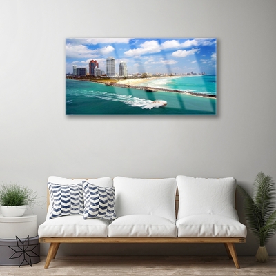 Acrylic Print Sea beach town landscape blue brown grey