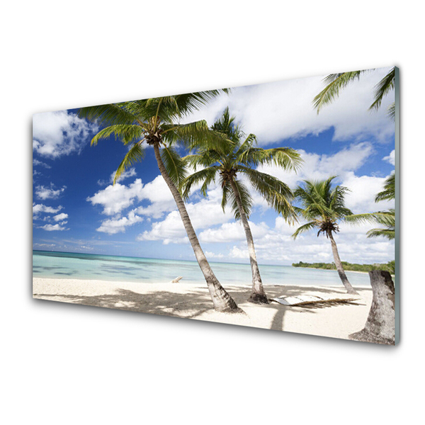 Acrylic Print Sea beach palm trees landscape blue brown green