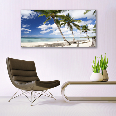 Acrylic Print Sea beach palm trees landscape blue brown green