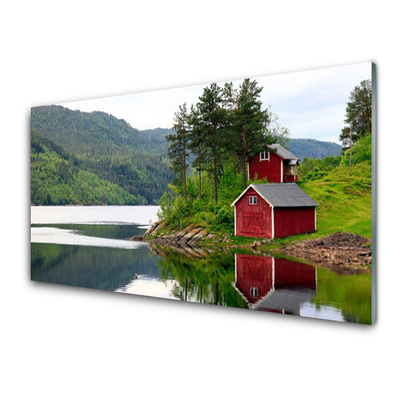 Acrylic Print Mountains house trees lake landscape brown green grey white