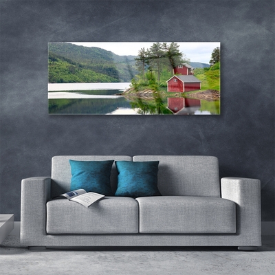 Acrylic Print Mountains house trees lake landscape brown green grey white