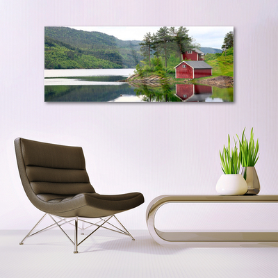 Acrylic Print Mountains house trees lake landscape brown green grey white