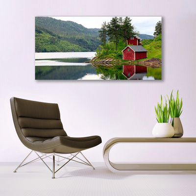 Acrylic Print Mountains house trees lake landscape brown green grey white