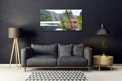 Acrylic Print Mountains house trees lake landscape brown green grey white