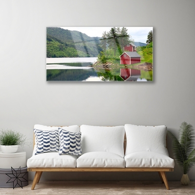 Acrylic Print Mountains house trees lake landscape brown green grey white