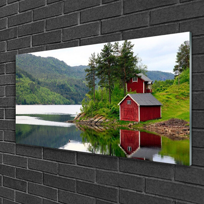 Acrylic Print Mountains house trees lake landscape brown green grey white