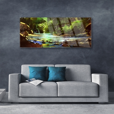 Acrylic Print Forest lake stones nature green brown blue