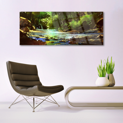Acrylic Print Forest lake stones nature green brown blue
