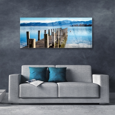 Acrylic Print Bridge sea mountains architecture brown blue grey