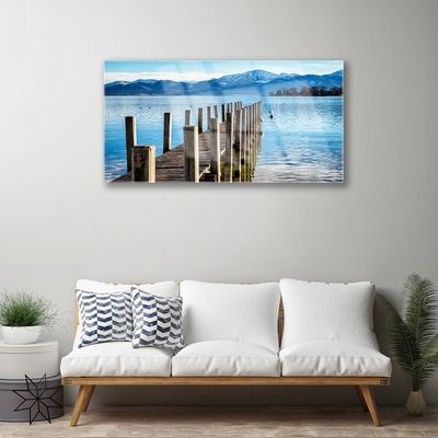 Acrylic Print Bridge sea mountains architecture brown blue grey