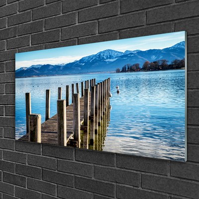 Acrylic Print Bridge sea mountains architecture brown blue grey