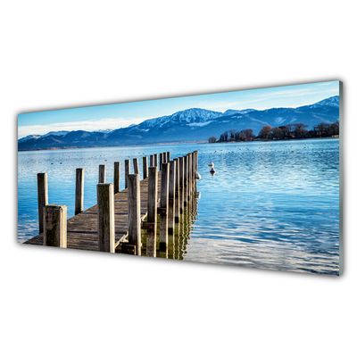 Acrylic Print Bridge sea mountains architecture brown blue grey